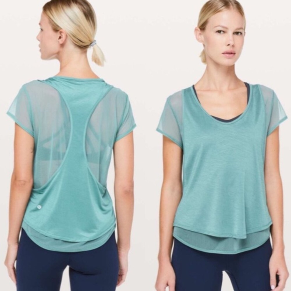 Lululemon Set The Course Short Sleeve Pacific Breeze Pilates Yoga Blouse Sz 4